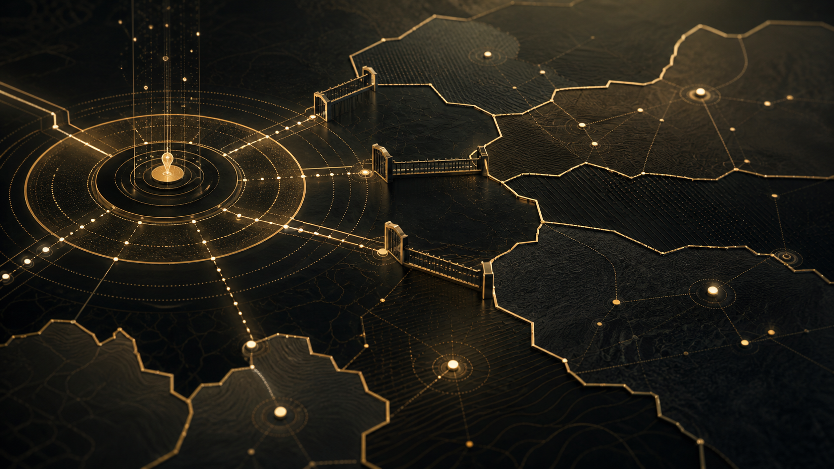 Abstract gold-on-black map of agent routes, gated borders, and permission zones.
